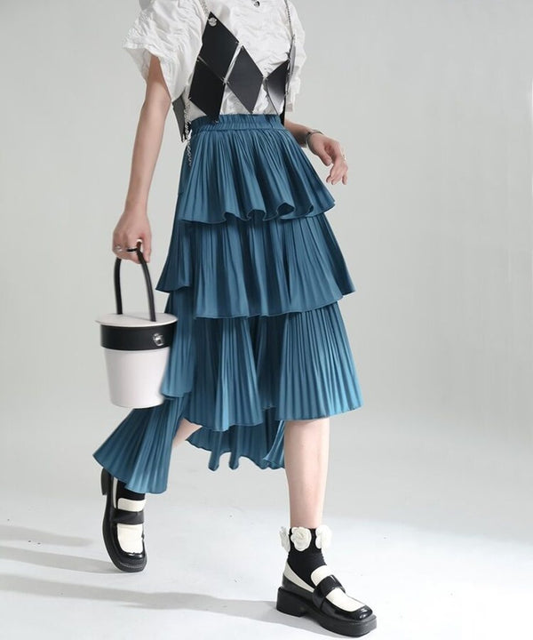 Tiered Pleated Midi Skirt